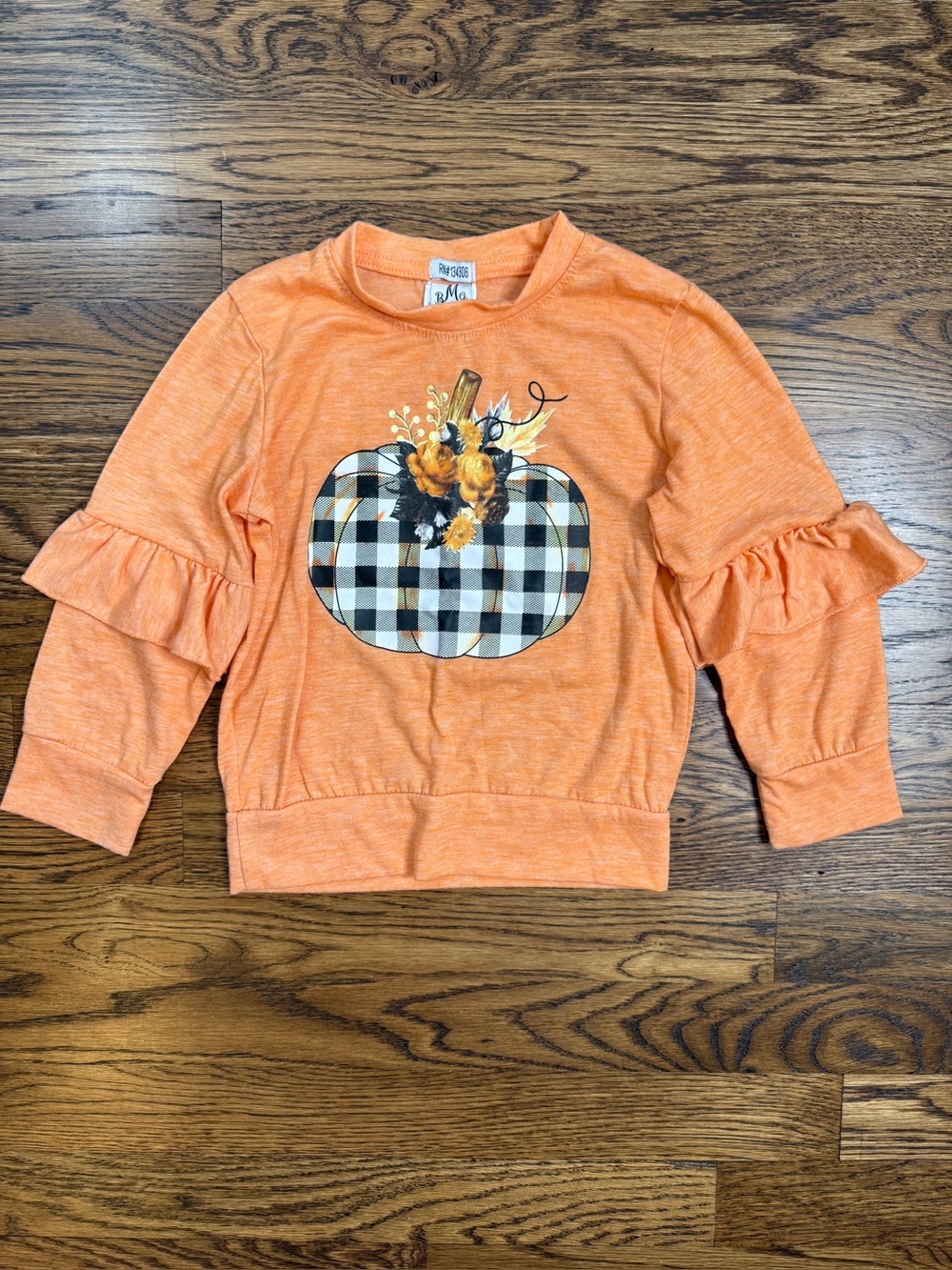 Mia Belle Girls Orange Buffalo-Check Pumpkin Ruffle-Sleeve Top 4T/5